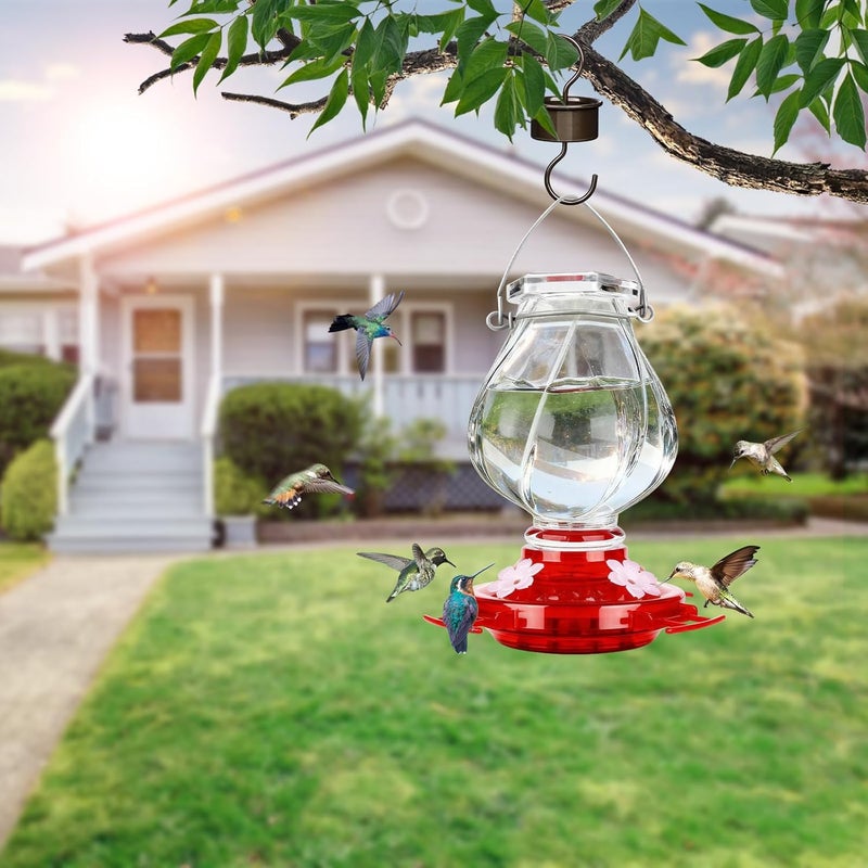 BOLITE Hummingbird Feeder, Glass Hummingbird Feeders for Outdoors Hanging, with Ant Moat and 4 Bee Guard Feeding Ports, 22oz, Leak Proof, Clear & Red, Birthday Gifts for Women Men, Gifts for Mom Dad - Image 3